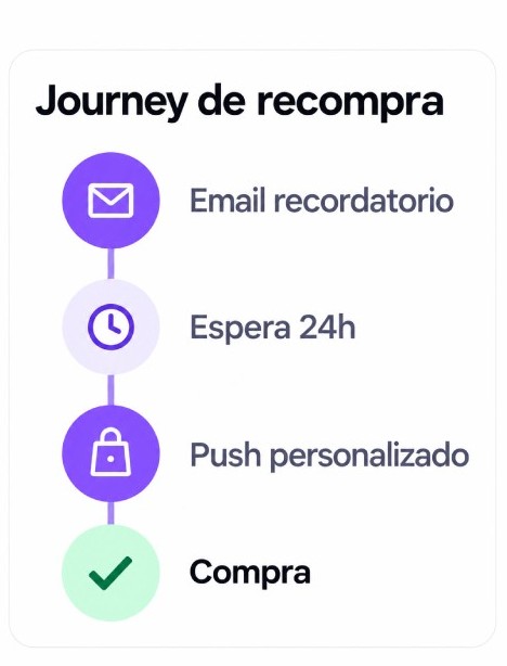 Journey de recompra: email, espera de 24 h, push personalizado y compra